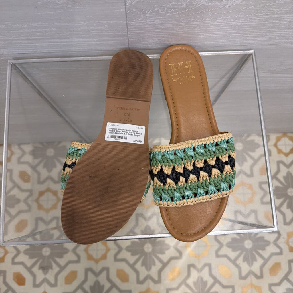 Haute Hippie Blue/ Beige Raffia Band Slide Sandals 8.5