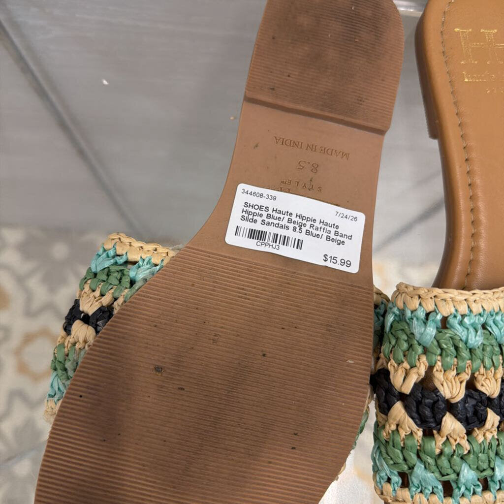 Haute Hippie Blue/ Beige Raffia Band Slide Sandals 8.5