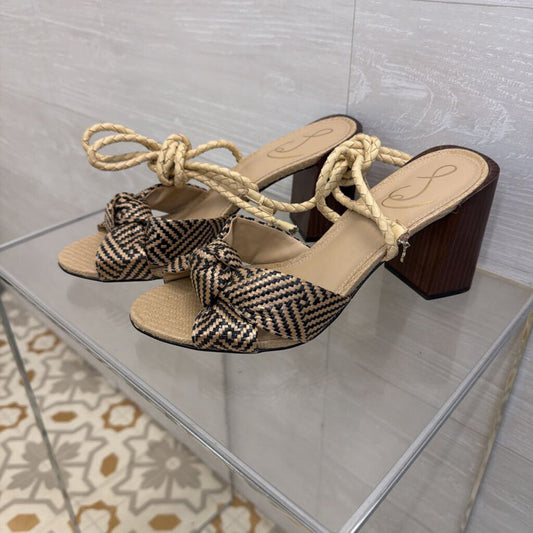 Sam Edelman Bodhi Beige/ Black Raffia Wrap Around Strap Heels 8.5