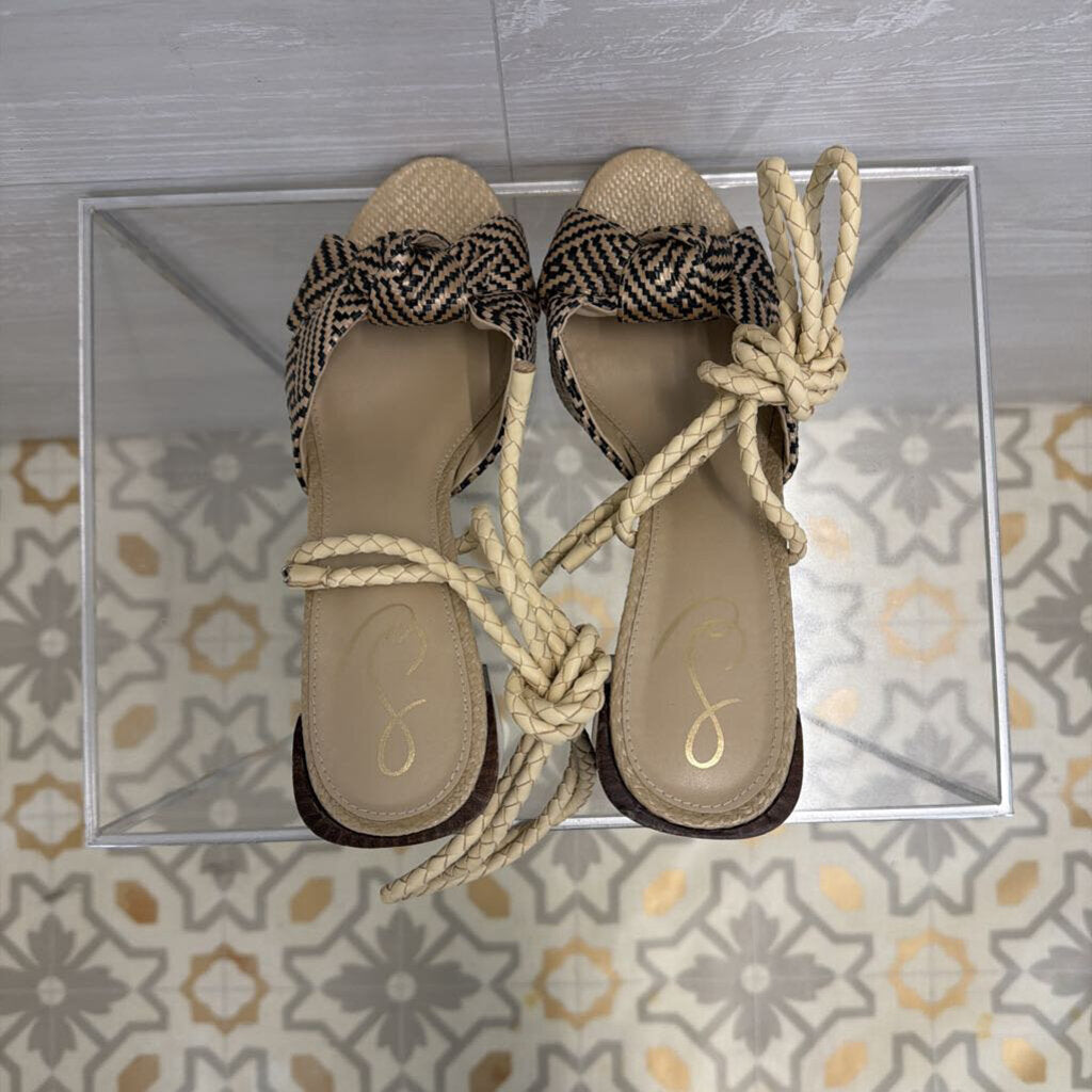 Sam Edelman Bodhi Beige/ Black Raffia Wrap Around Strap Heels 8.5