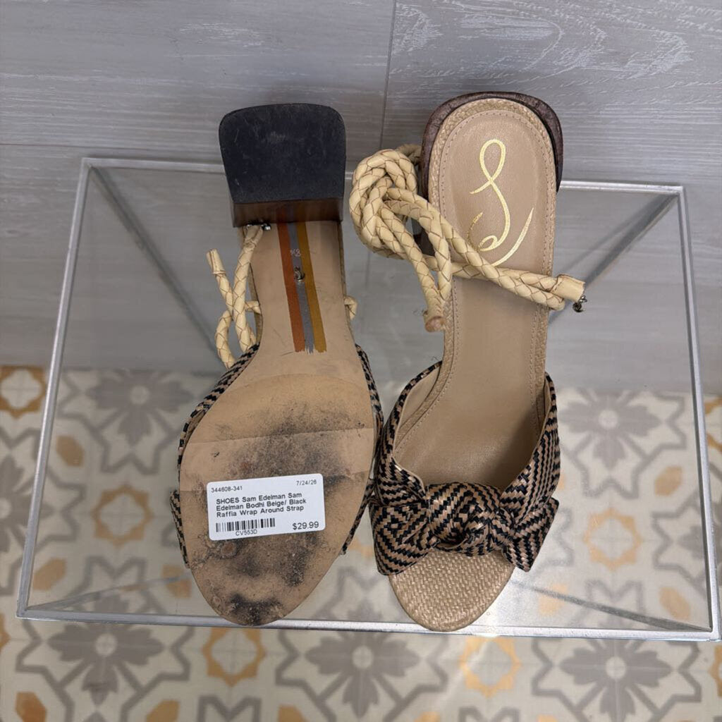 Sam Edelman Bodhi Beige/ Black Raffia Wrap Around Strap Heels 8.5