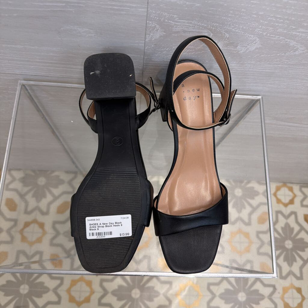Black Ankle Strap Block Heels 9