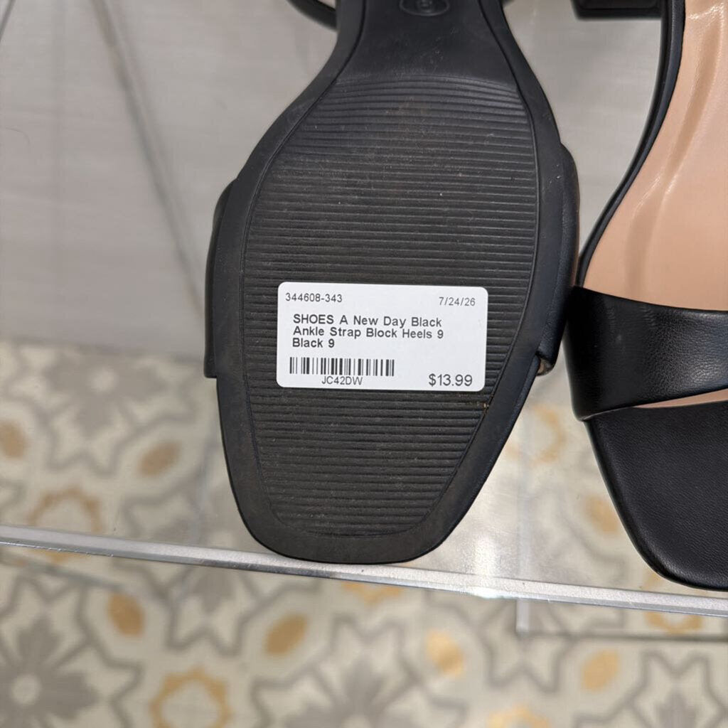 Black Ankle Strap Block Heels 9