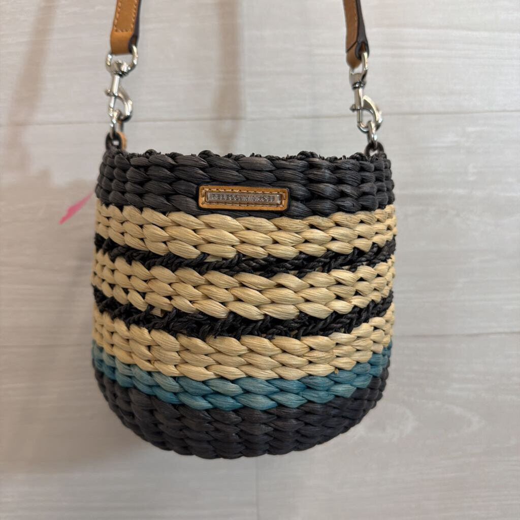 Rebecca Minkoff Navy/ Beige Woven Straw Bucket Bag Purse