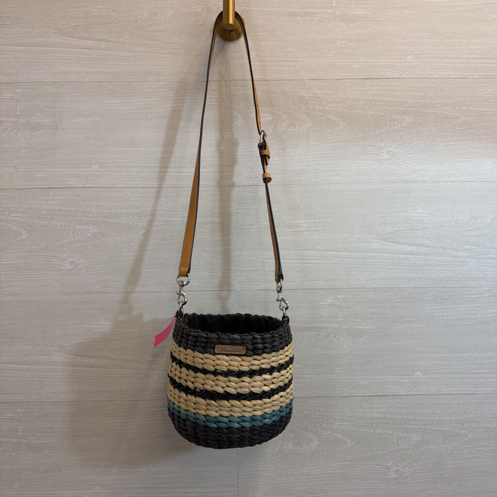 Rebecca Minkoff Navy/ Beige Woven Straw Bucket Bag Purse