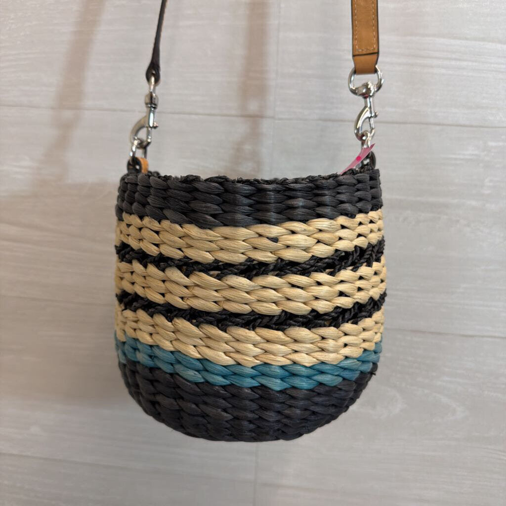 Rebecca Minkoff Navy/ Beige Woven Straw Bucket Bag Purse