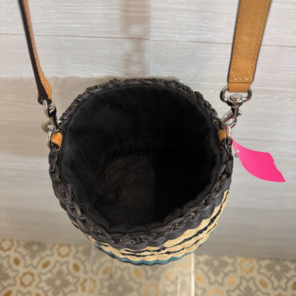 Rebecca Minkoff Navy/ Beige Woven Straw Bucket Bag Purse