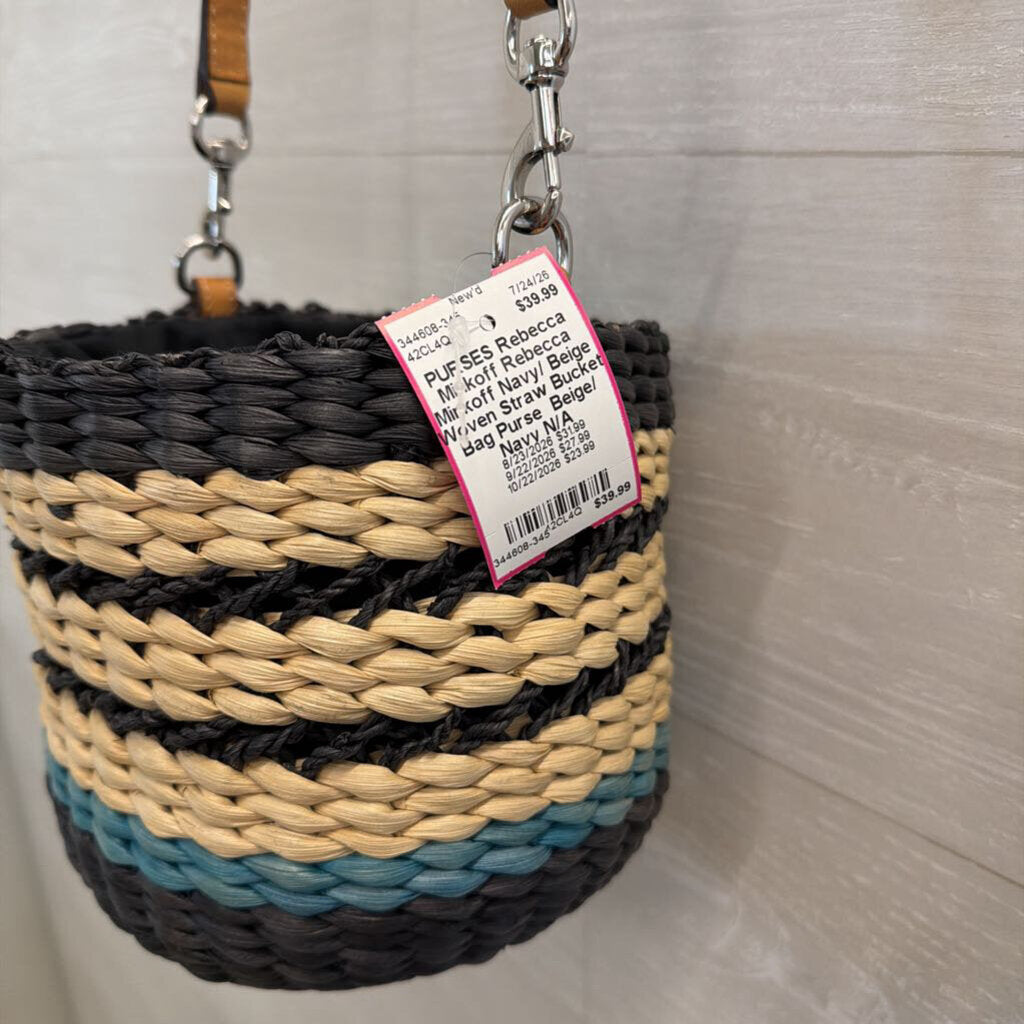 Rebecca Minkoff Navy/ Beige Woven Straw Bucket Bag Purse