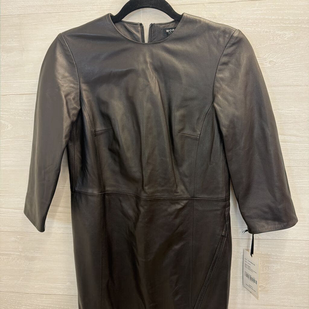 Worth New York Black 100% Leather Long Sleeve Dress X0