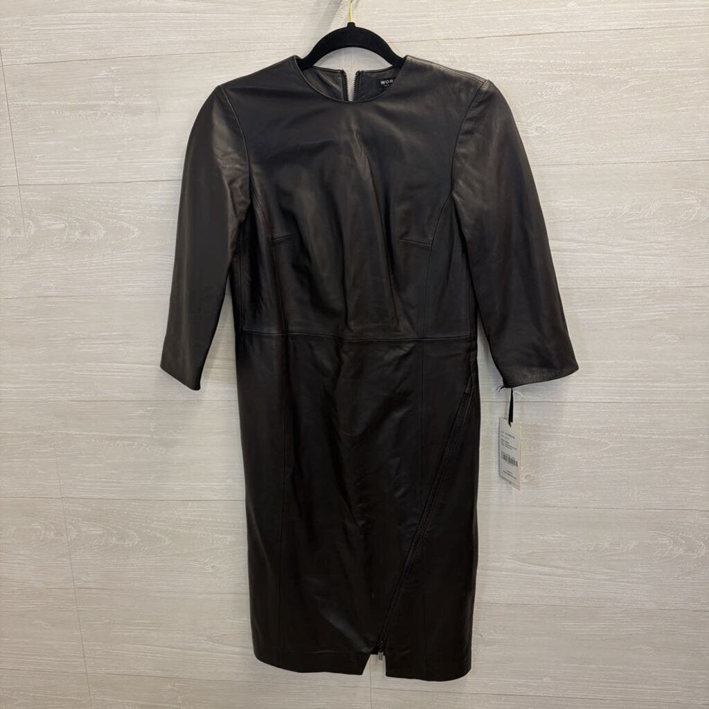 Worth New York Black 100% Leather Long Sleeve Dress X0