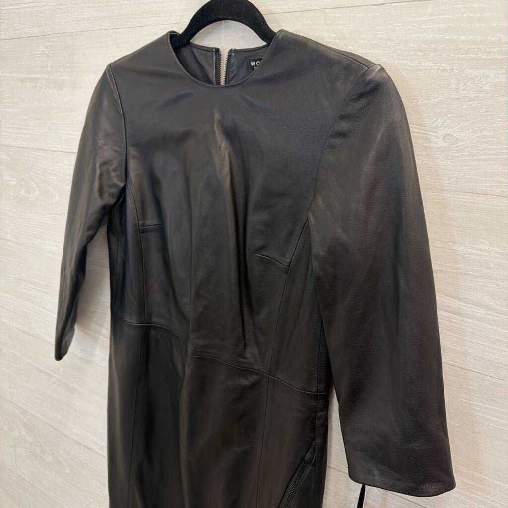 Worth New York Black 100% Leather Long Sleeve Dress X0
