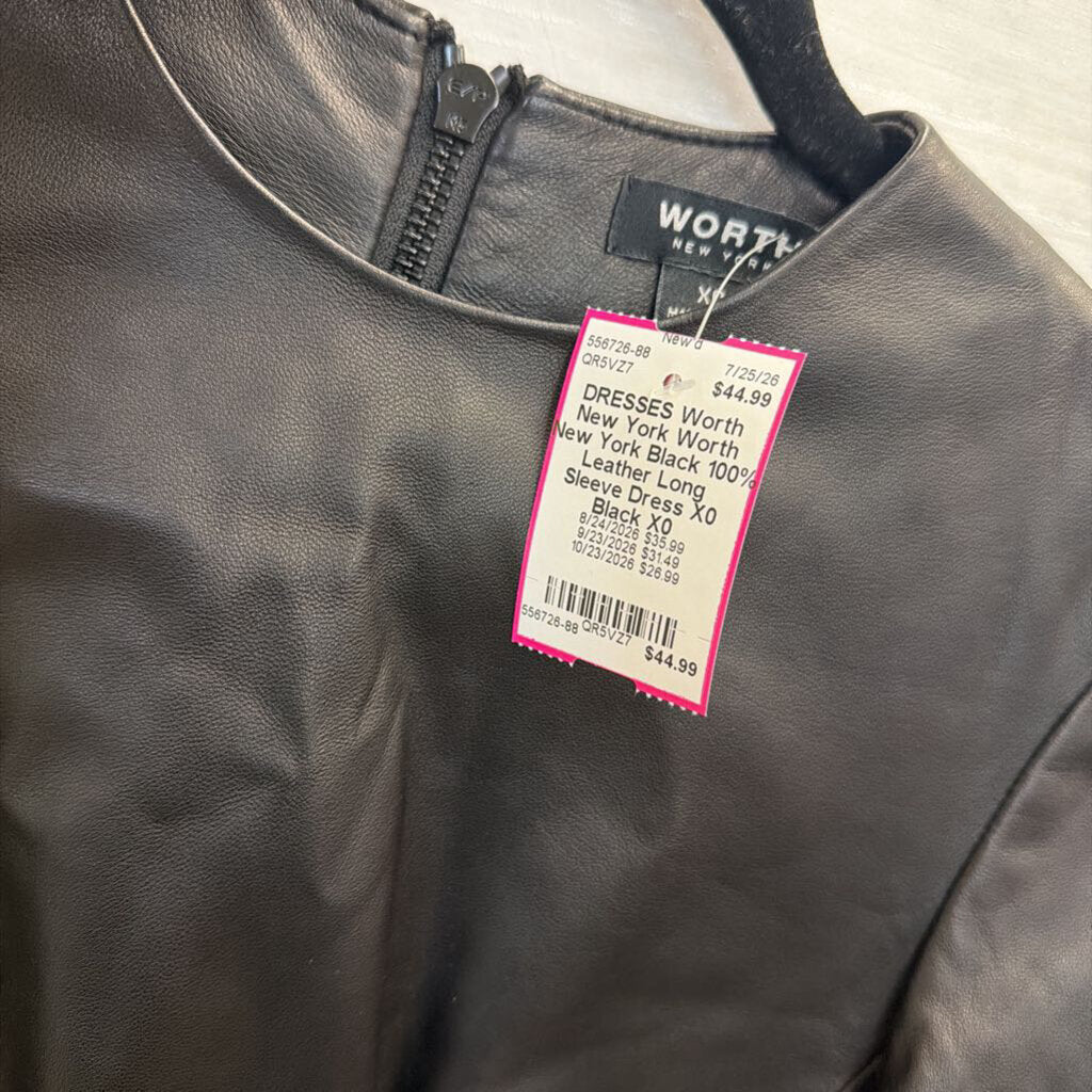 Worth New York Black 100% Leather Long Sleeve Dress X0