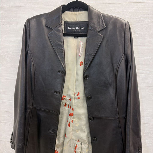 Kenneth Cole Black 100% Leather Long Button Front Jacket Extra Small