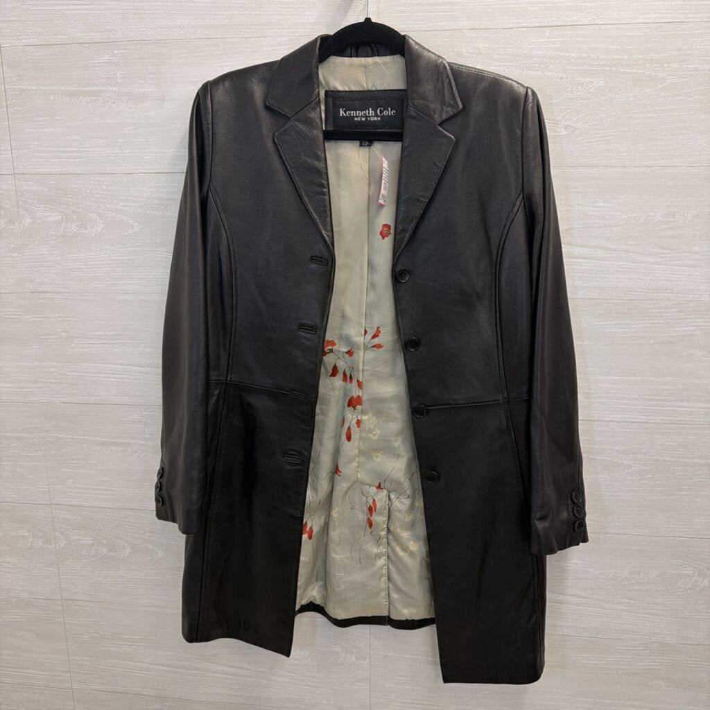 Kenneth Cole Black 100% Leather Long Button Front Jacket Extra Small