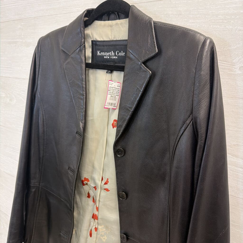 Kenneth Cole Black 100% Leather Long Button Front Jacket Extra Small