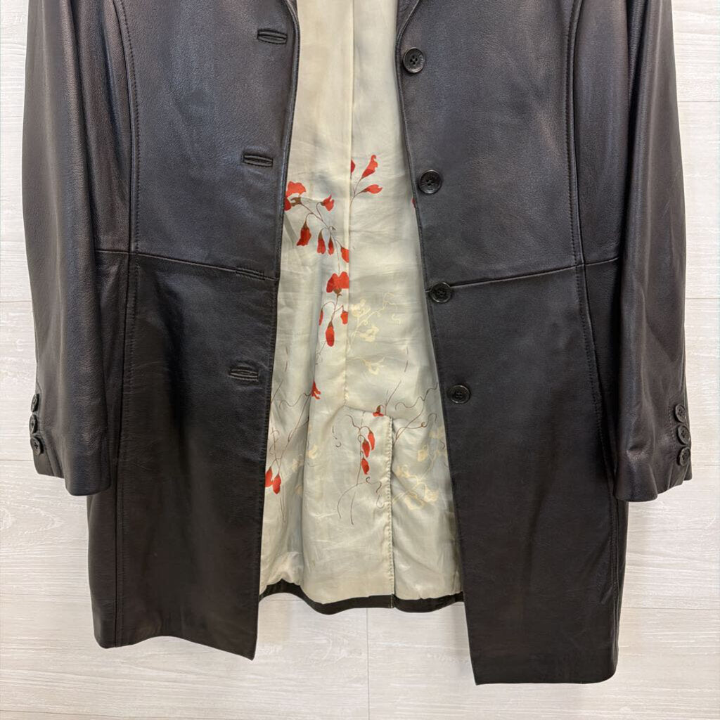 Kenneth Cole Black 100% Leather Long Button Front Jacket Extra Small