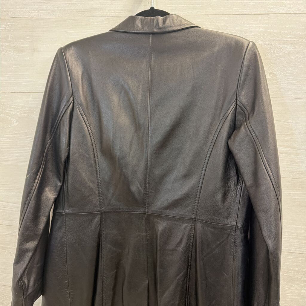 Kenneth Cole Black 100% Leather Long Button Front Jacket Extra Small