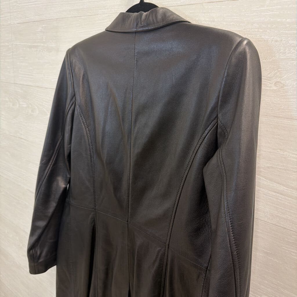 Kenneth Cole Black 100% Leather Long Button Front Jacket Extra Small