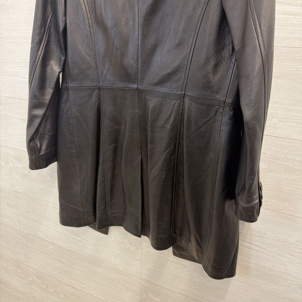 Kenneth Cole Black 100% Leather Long Button Front Jacket Extra Small