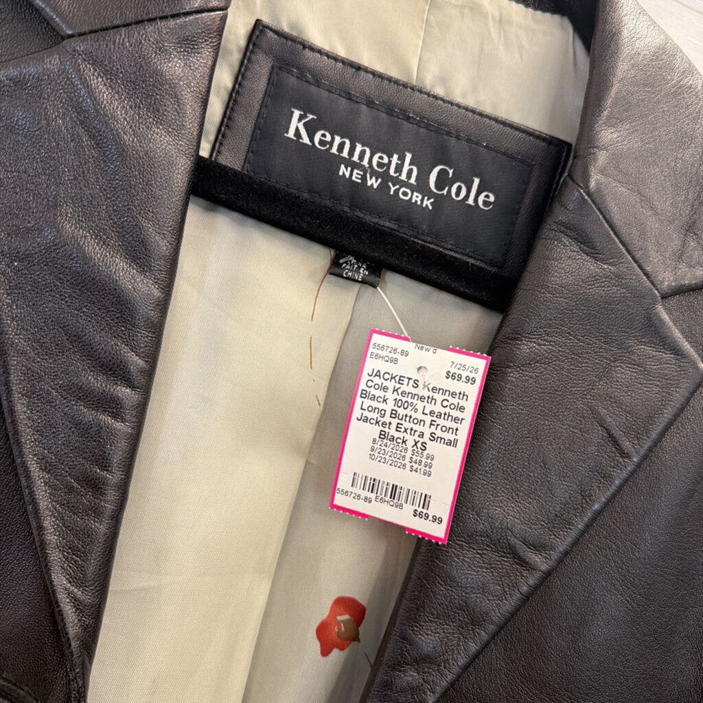 Kenneth Cole Black 100% Leather Long Button Front Jacket Extra Small