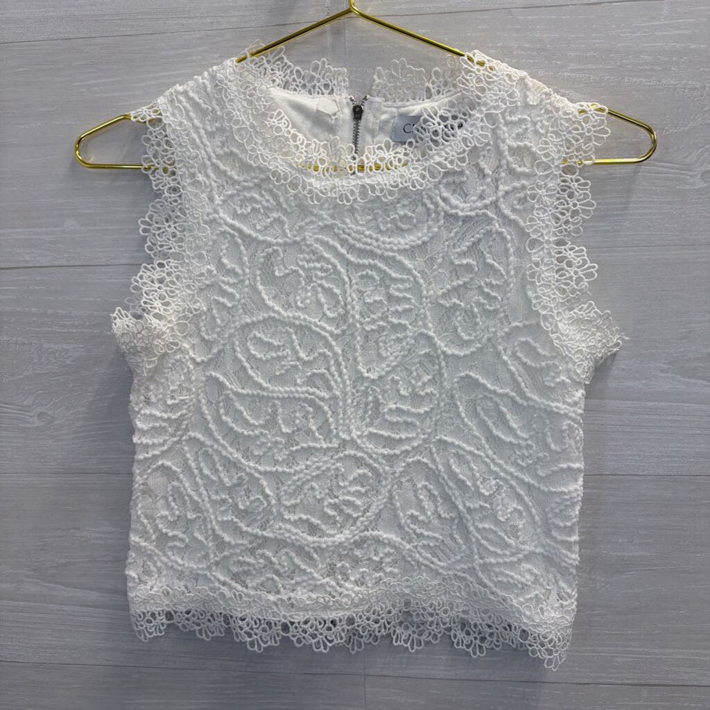 White Textured Lace Cropped Sleeveless Top Extra Small