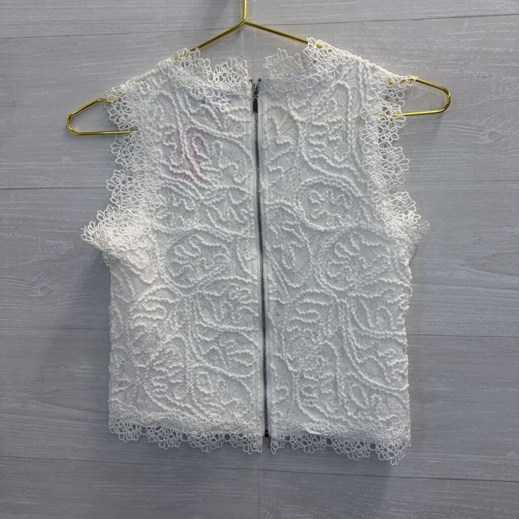 White Textured Lace Cropped Sleeveless Top Extra Small
