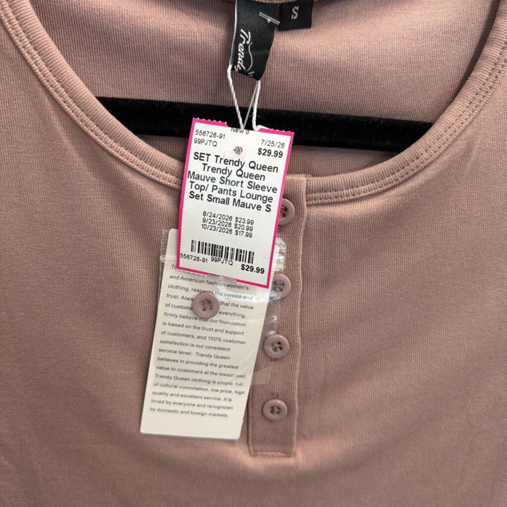 Trendy Queen Mauve Short Sleeve Top/ Pants Lounge Set Small