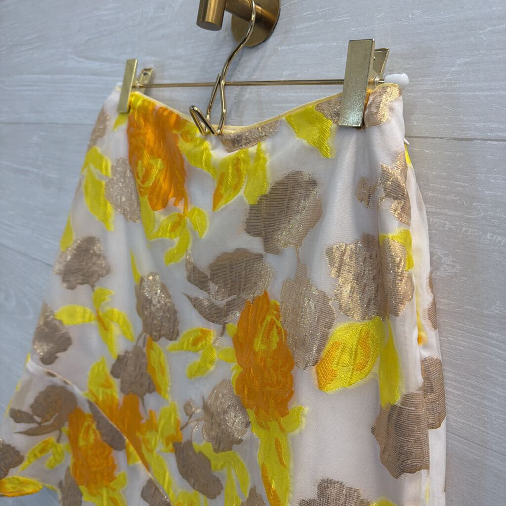Maeve Beige/ Metallic Yellow Floral Print Skirt 0