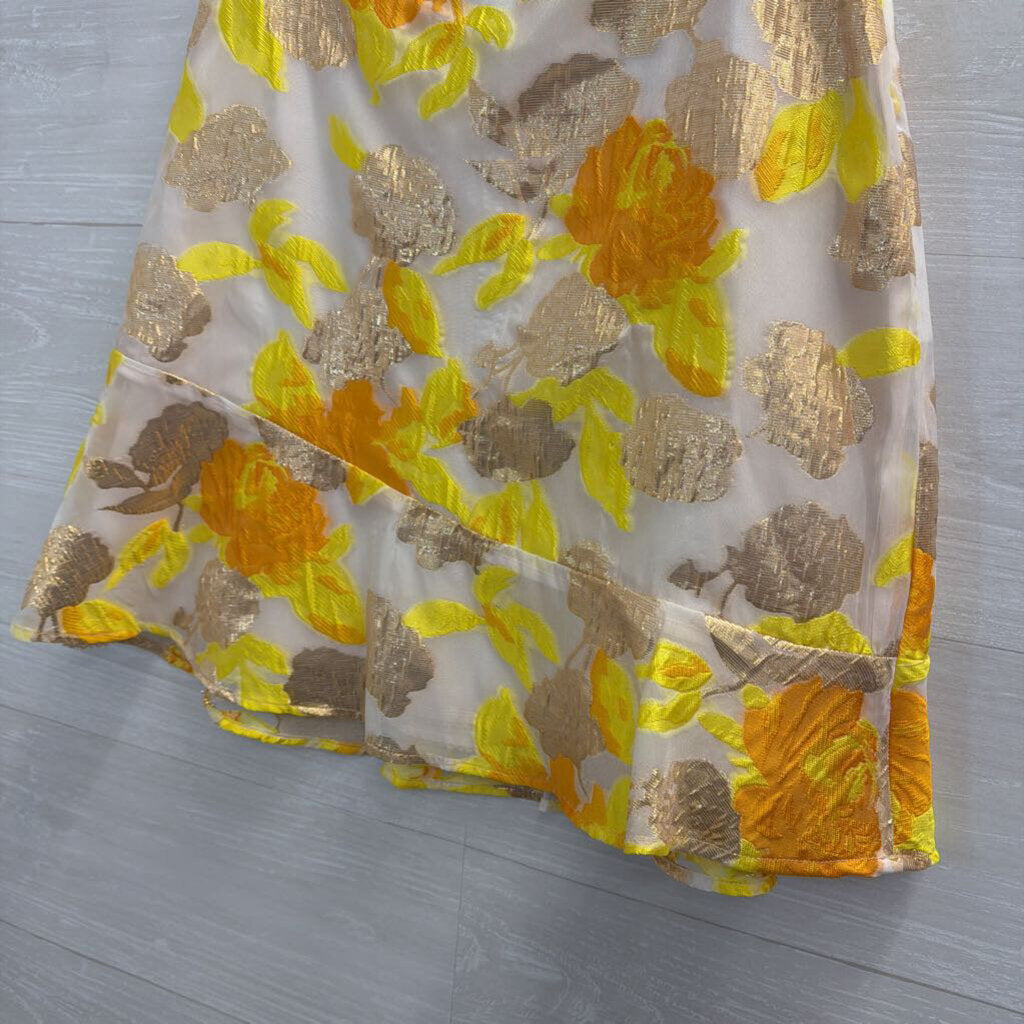 Maeve Beige/ Metallic Yellow Floral Print Skirt 0