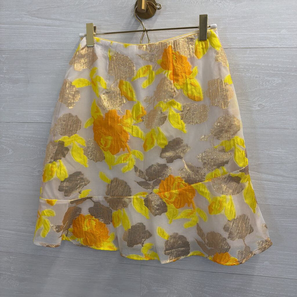 Maeve Beige/ Metallic Yellow Floral Print Skirt 0