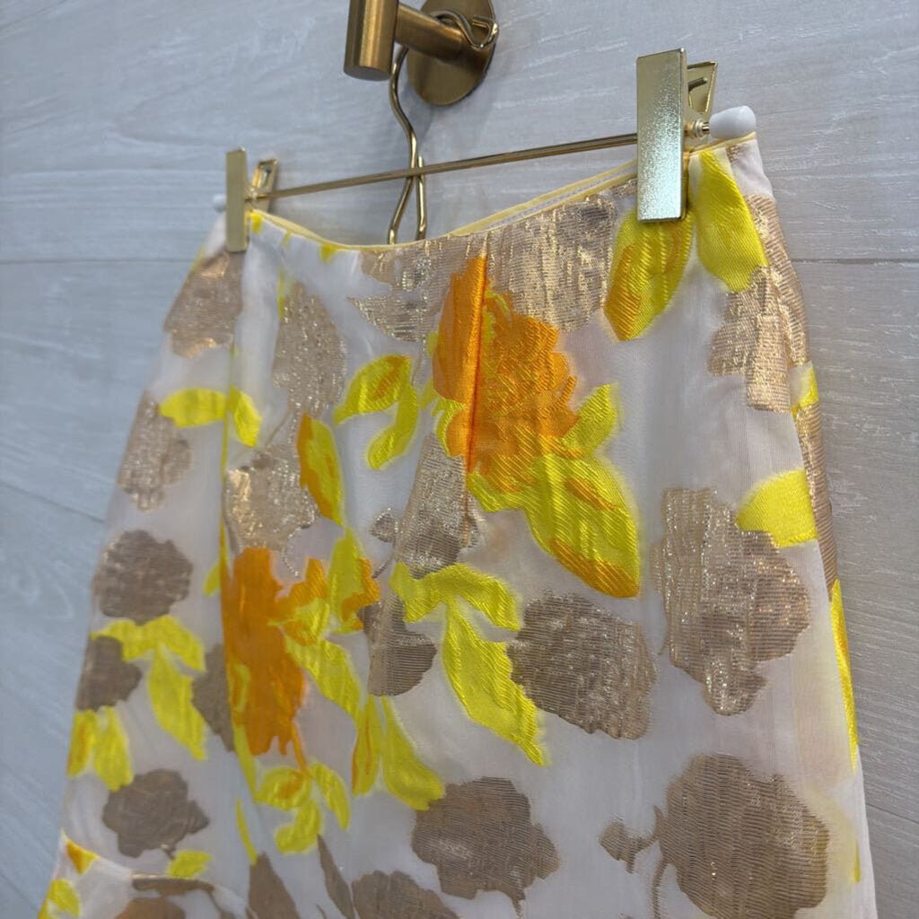 Maeve Beige/ Metallic Yellow Floral Print Skirt 0