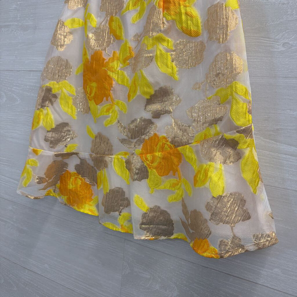 Maeve Beige/ Metallic Yellow Floral Print Skirt 0