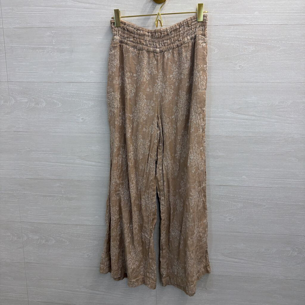 Anthropologie Beige/ White Print Wide Leg Pull On Pants XXS