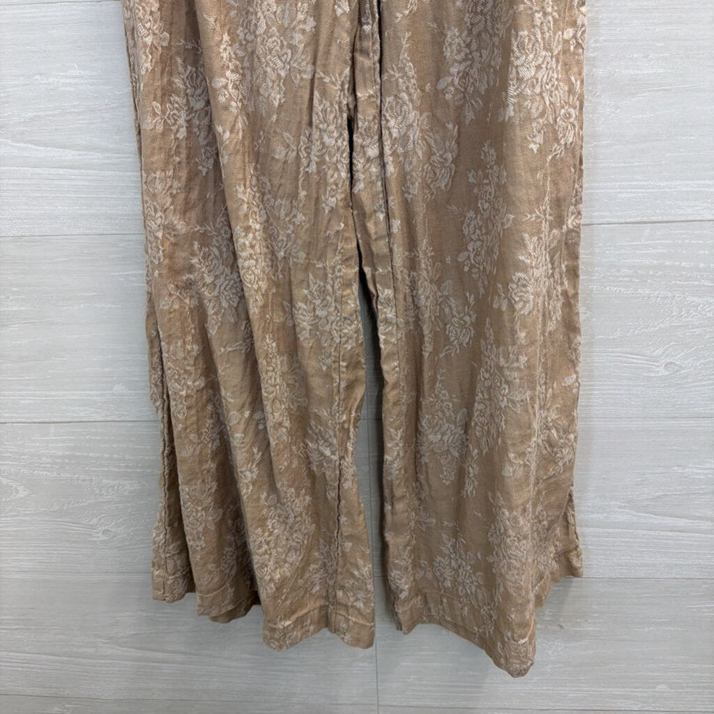 Anthropologie Beige/ White Print Wide Leg Pull On Pants XXS