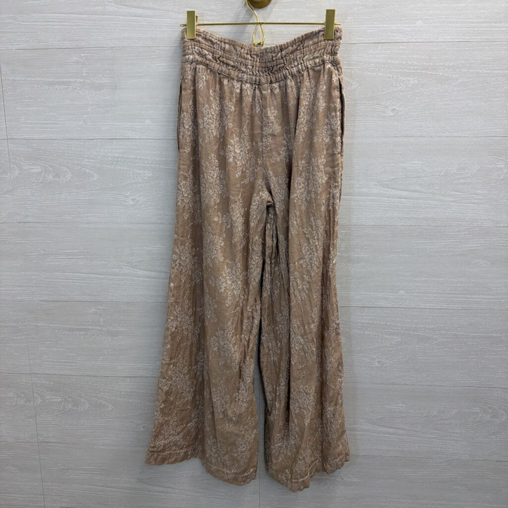 Anthropologie Beige/ White Print Wide Leg Pull On Pants XXS