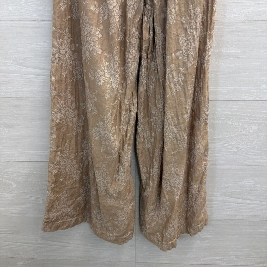 Anthropologie Beige/ White Print Wide Leg Pull On Pants XXS