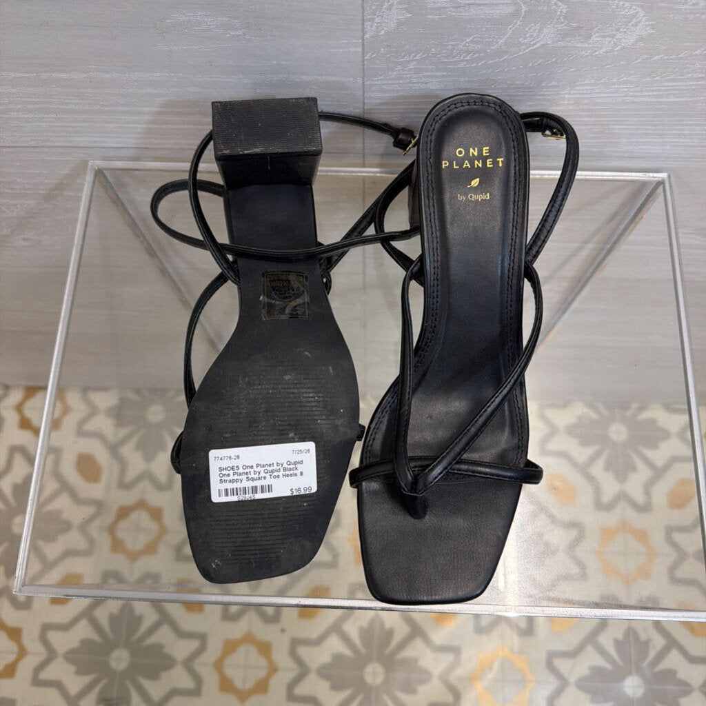 One Planet by Qupid Black Strappy Square Toe Heels 8