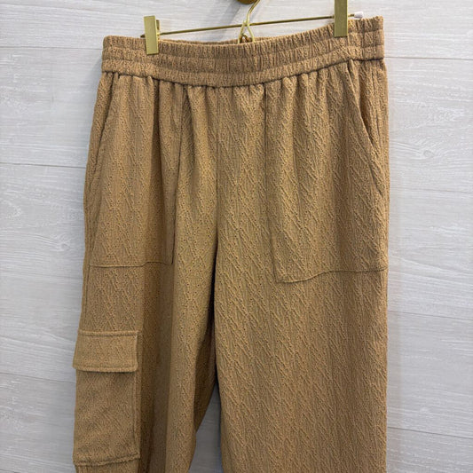 Brown Textured Wide Leg Pull On Pants Large