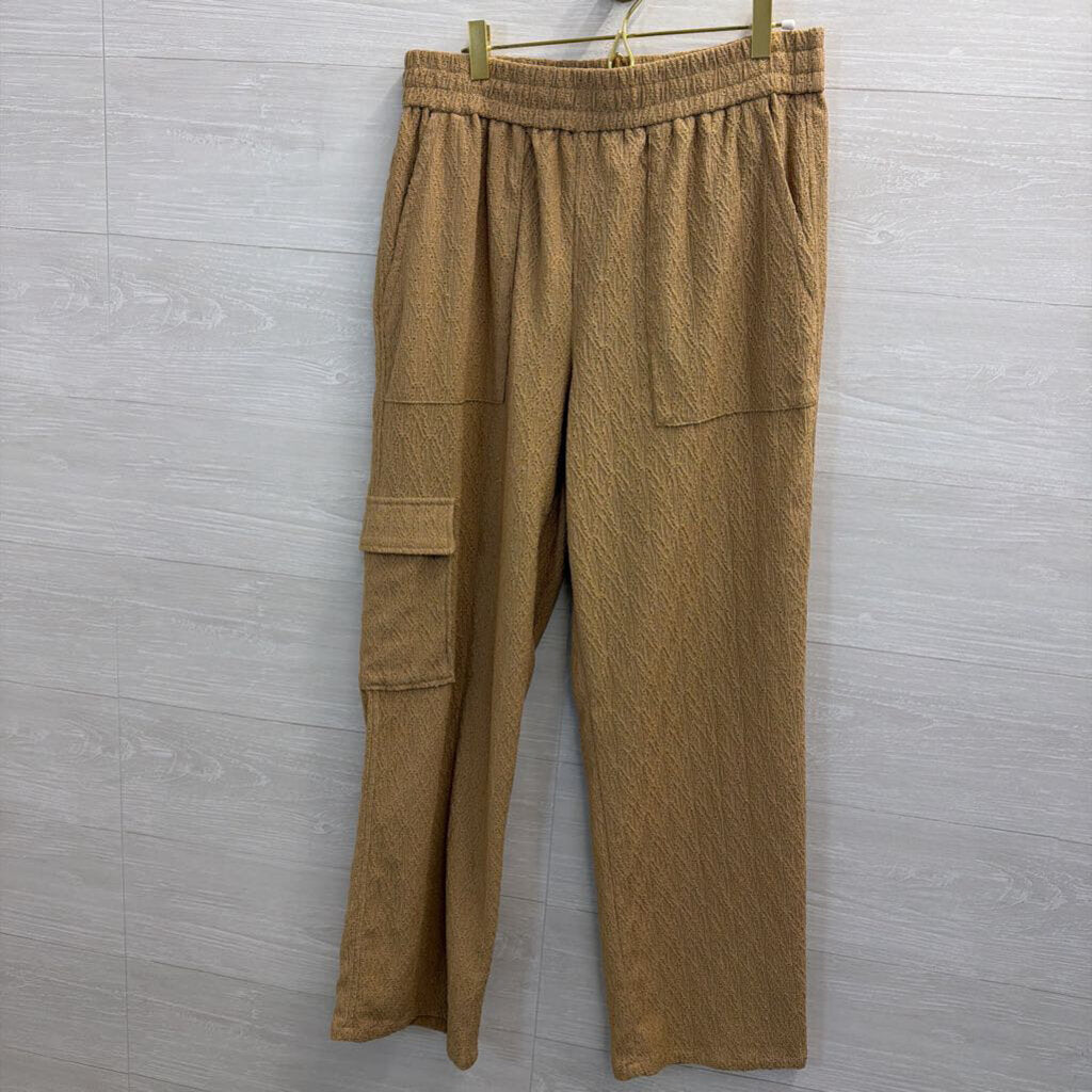 Brown Textured Wide Leg Pull On Pants Large