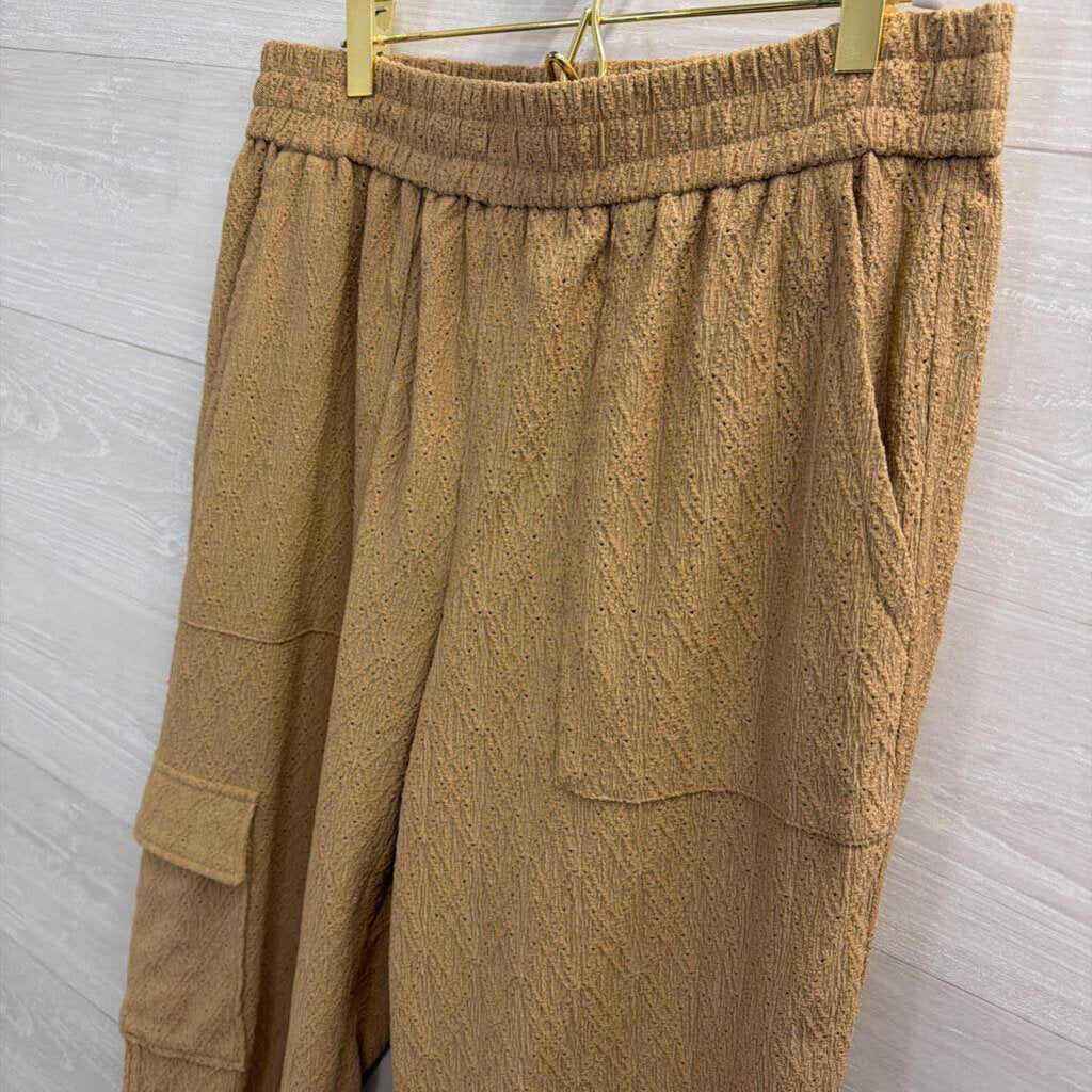 Brown Textured Wide Leg Pull On Pants Large