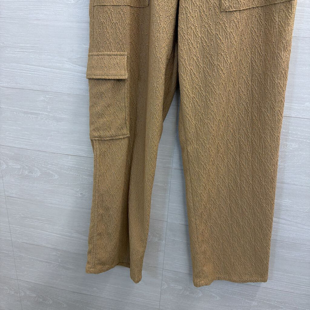 Brown Textured Wide Leg Pull On Pants Large