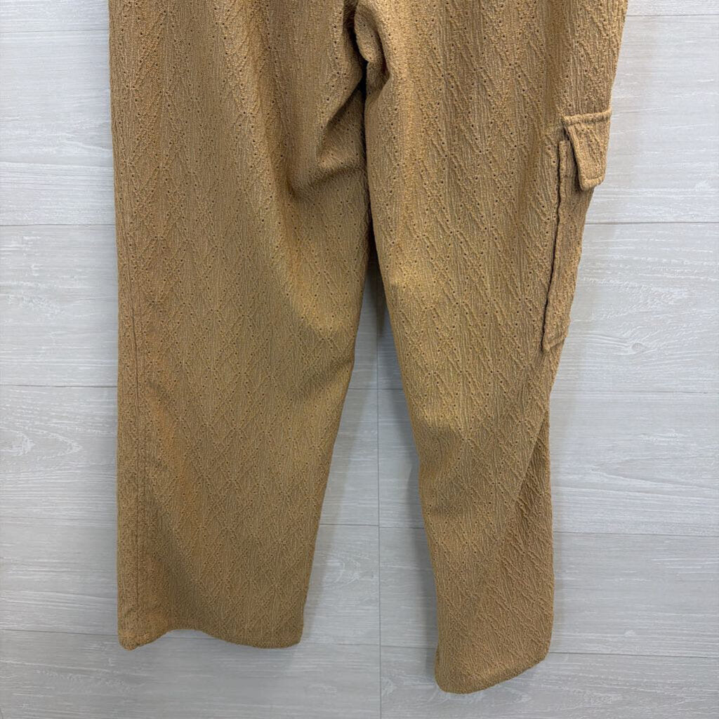 Brown Textured Wide Leg Pull On Pants Large