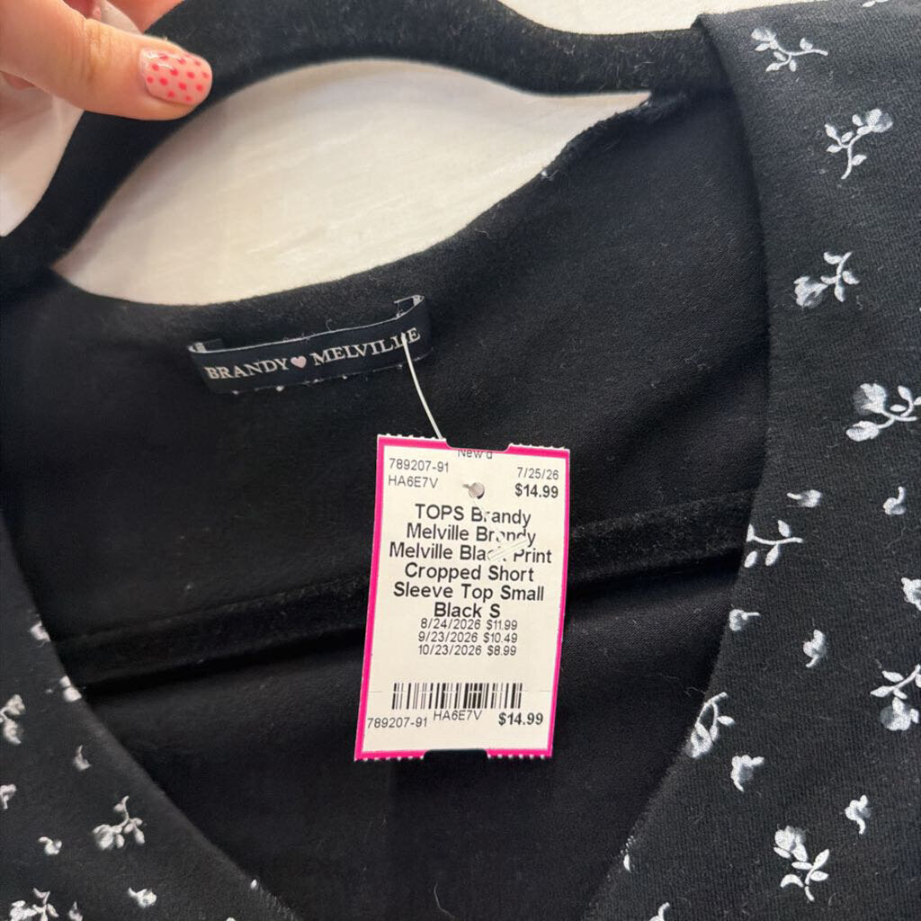 Brandy Melville Black Print Cropped Short Sleeve Top Small