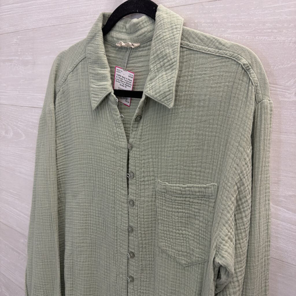 New In Green Textured Long Sleeve Button Down Top Medium