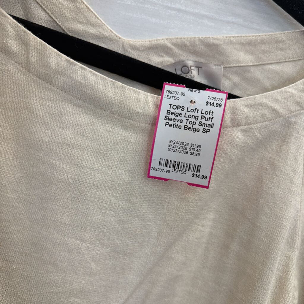 Loft Beige Long Puff Sleeve Top Small Petite
