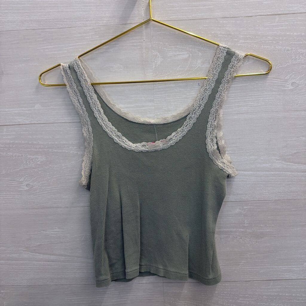 Green Lace Edge Cropped Tank Top Small