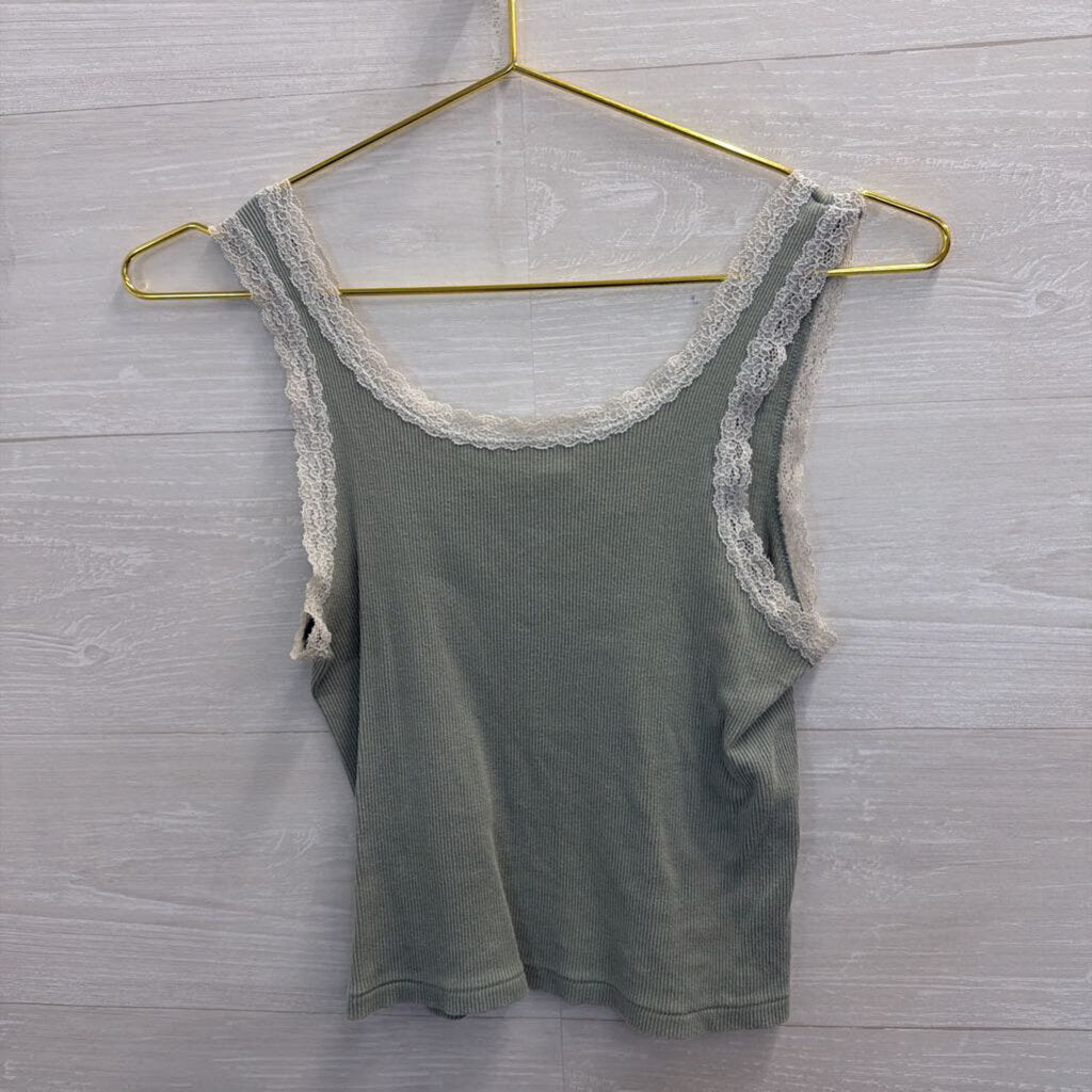 Green Lace Edge Cropped Tank Top Small