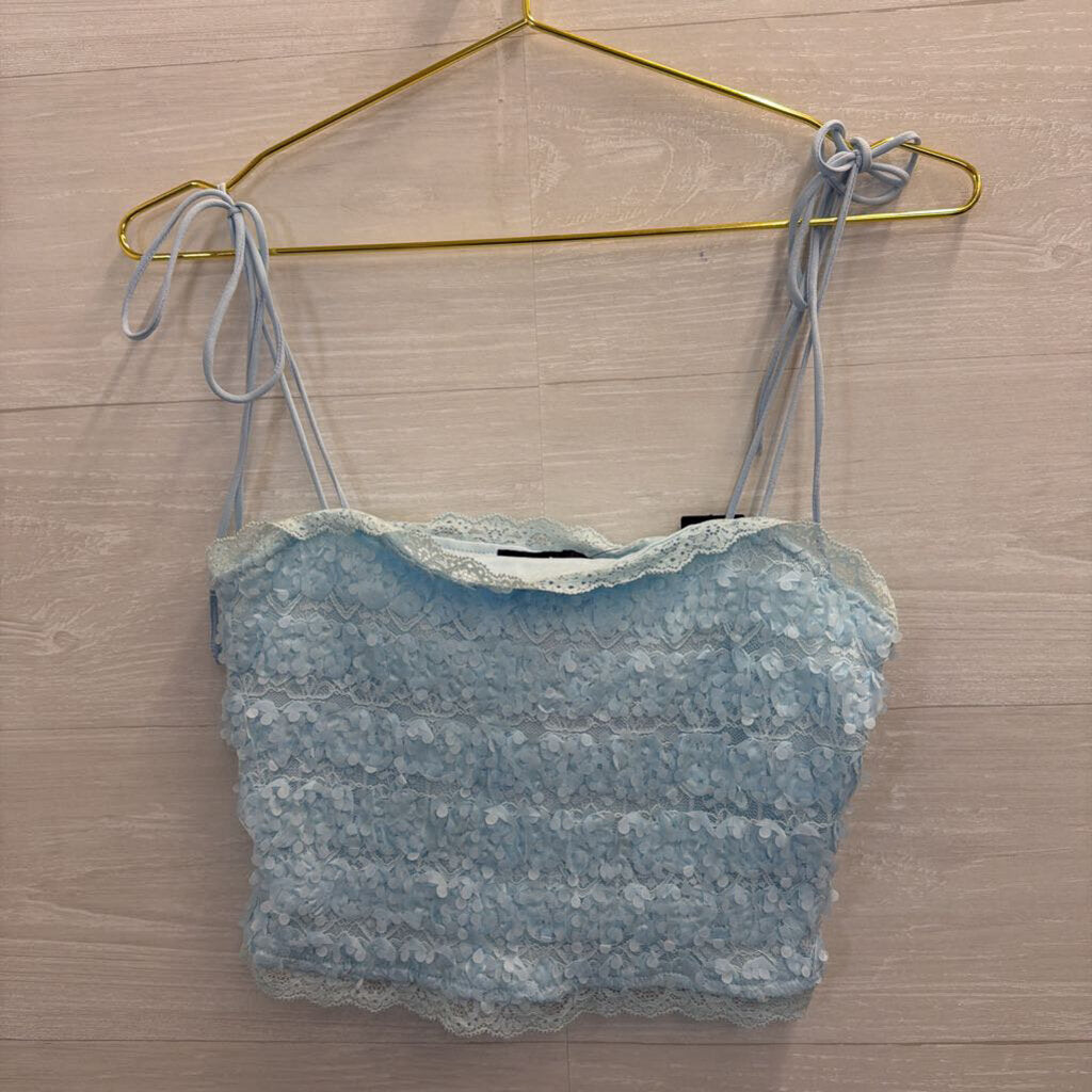 Lulus Blue Textured Floral Cropped Tank Top Small