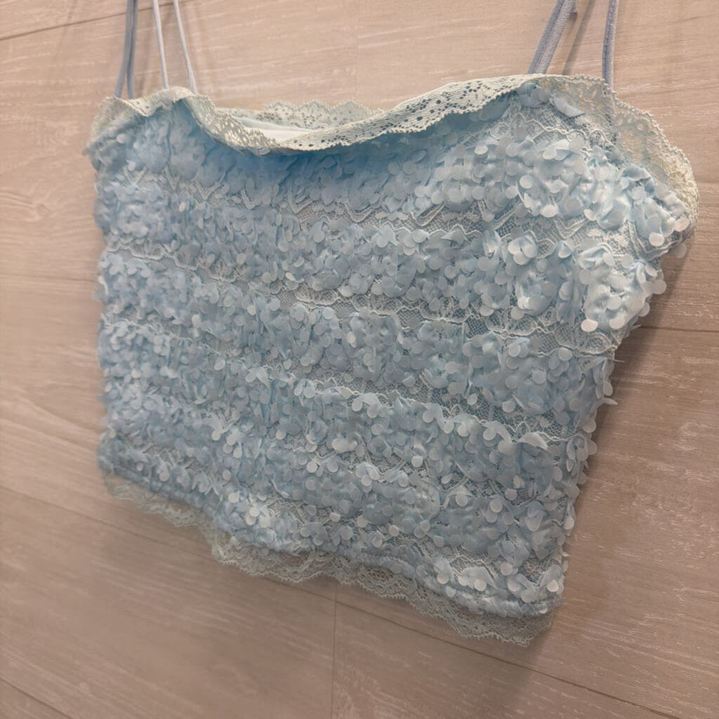 Lulus Blue Textured Floral Cropped Tank Top Small