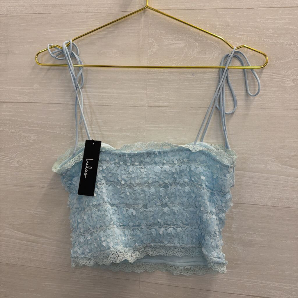 Lulus Blue Textured Floral Cropped Tank Top Small